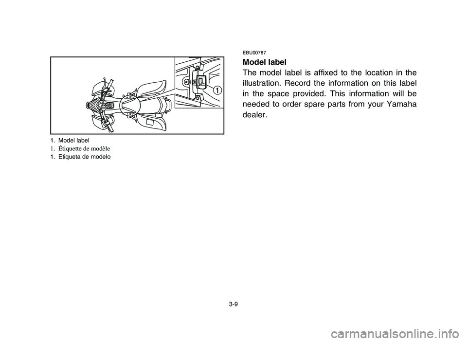 YAMAHA YFM80R 2006 Repair Manual 3-9
EBU00787
Model label
The model label is affixed to the location in the
illustration. Record the information on this label
in the space provided. This information will be
needed to order spare part