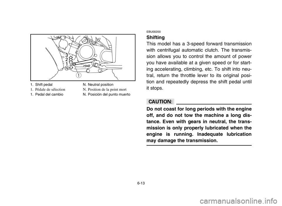 YAMAHA YFM80R 2005 Owners Manual 6-13
EBU00200
Shifting
This model has a 3-speed forward transmission
with centrifugal automatic clutch. The transmis-
sion allows you to control the amount of power
you have available at a given speed YAMAHA YFM80R 2005 Owners Manual 6-13
EBU00200
Shifting
This model has a 3-speed forward transmission
with centrifugal automatic clutch. The transmis-
sion allows you to control the amount of power
you have available at a given speed