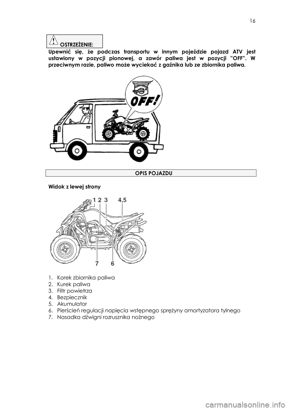 YAMAHA YFM90 2016  Instrukcja obsługi (in Polish)  16 
 OSTRZEŻENIE:  
Upewnić  się,  że  podczas  transportu  w  innym  pojeździe  pojazd  ATV jest 
ustawiony  w  pozycji  pionowej,  a  zawór  paliwa  jest  w  pozycji  ”OFF”.  W 
przeciwny