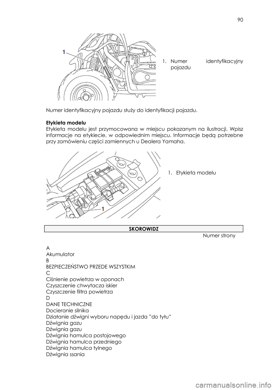 YAMAHA YFM90 2016 Instrukcja obsługi (in Polish) 90
1. Numer identyfikacyjny
pojazdu
Numer identyfikacyjny pojazdu służy do identyfikacji pojazdu.
Etykieta modelu
Etykieta modelu jest przymocowana w miejscu pokazanym na YAMAHA YFM90 2016 Instrukcja obsługi (in Polish) 90
1. Numer identyfikacyjny
pojazdu
Numer identyfikacyjny pojazdu służy do identyfikacji pojazdu.
Etykieta modelu
Etykieta modelu jest przymocowana w miejscu pokazanym na
