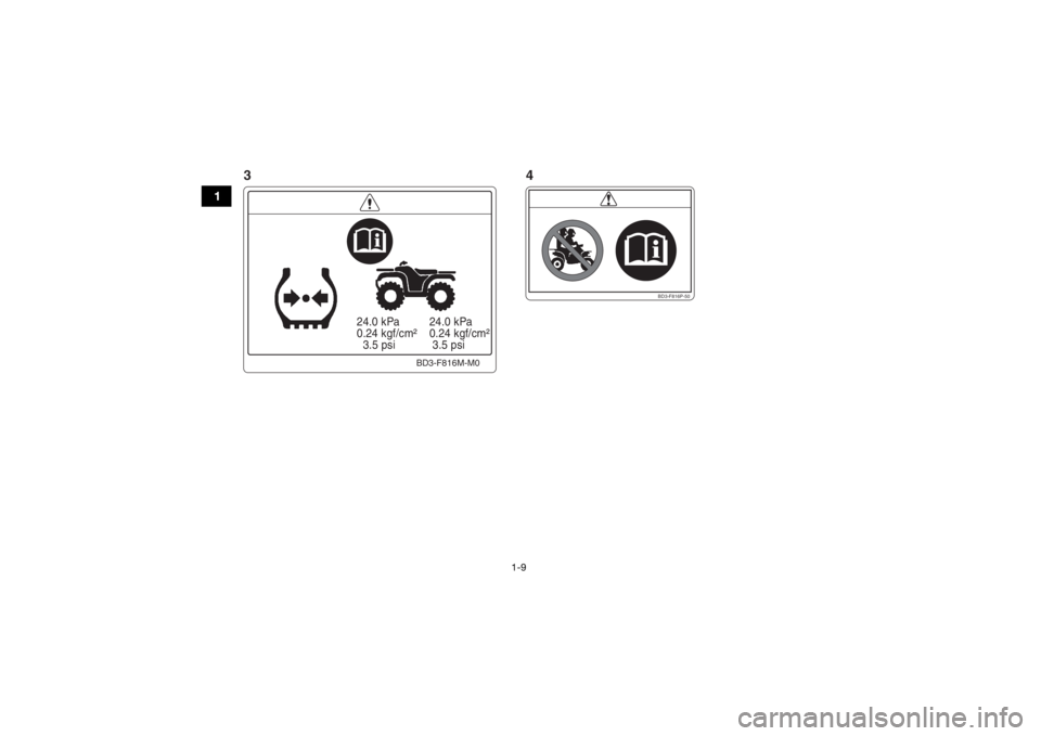 YAMAHA YFM90 2017 User Guide 1-9
1
  24.0 kPa
  0.24 kgf/cm²
    3.5 psi  24.0 kPa
  0.24 kgf/cm²
   3.5 psi
BD3-F816M-M0
BD3-F816P-50
34UBD361E0.book  Page 9  Monday, January 25, 2016  10:53 AM 