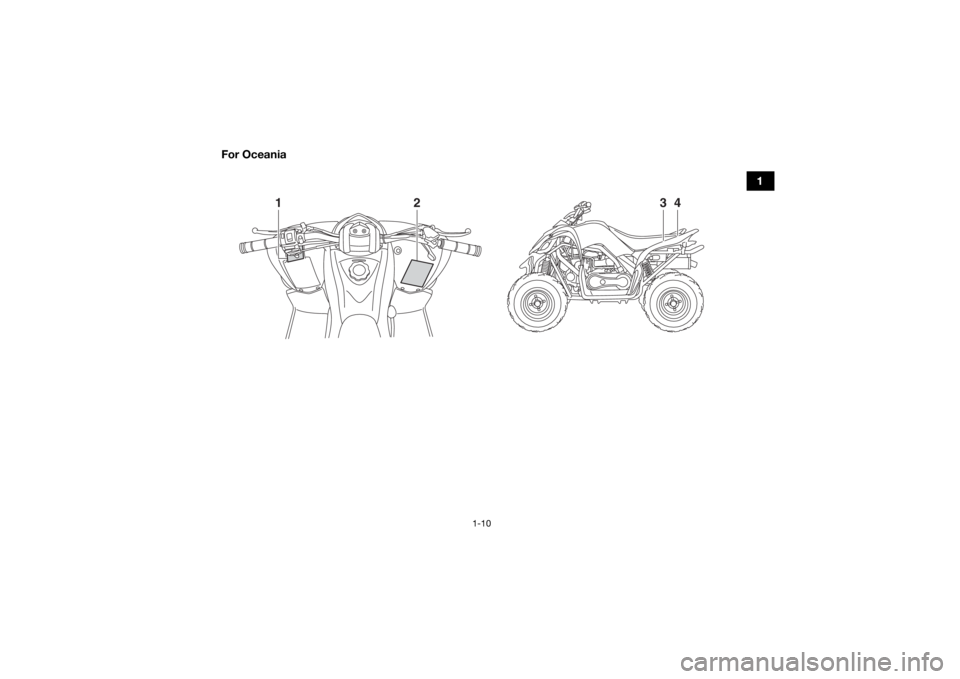 YAMAHA YFM90 2017 Owners Manual 1-10
1
For Oceania
2
1
3
4
UBD361E0.book  Page 10  Monday, January 25, 2016  10:53 AM 