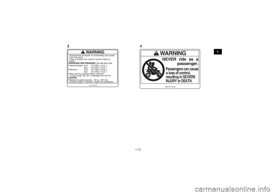 YAMAHA YFM90 2017 Owners Manual 1-12
1
WARNING
OPERATING TIRE PRESSURE : Set with tires cold
Recommended
 : Front
 : 24.0
 kPa,
Rear
: 24.0
 kPa,

Minimum
: Front
 : 20.7
 kPa,
Rear
: 20.7
 kPa,

Never set  tire  pressure  below  mi