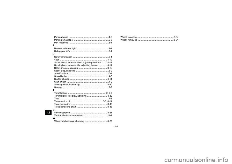 YAMAHA YFM90 2016  Owners Manual 12-2
12
Parking brake  ................................................................. 4-5
Parking on a slope  ......................................................... 6-5
Part locations  .........