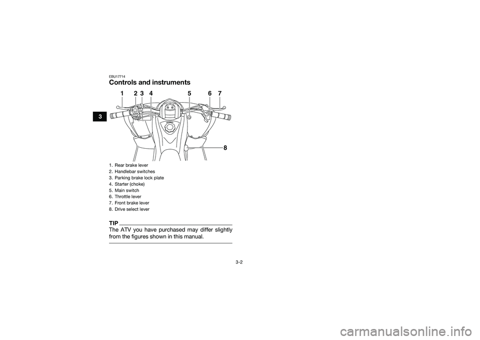 YAMAHA YFM90 2016 Owners Manual 3-2
3
EBU17714Controls and instrumentsTIPThe ATV you have purchased may differ slightly
from the figures shown in this manual. 1. Rear brake lever
2. Handlebar switches
3. Parking brake lock plate
4. YAMAHA YFM90 2016 Owners Manual 3-2
3
EBU17714Controls and instrumentsTIPThe ATV you have purchased may differ slightly
from the figures shown in this manual. 1. Rear brake lever
2. Handlebar switches
3. Parking brake lock plate
4.