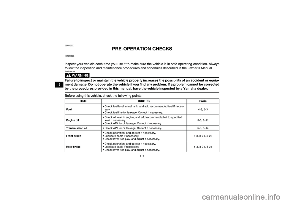 YAMAHA YFM90 2016 Service Manual 5-1
5
EBU19203
PRE-OPERATION CHECKS
EBU19226Inspect your vehicle each time you use it to make sure the vehicle is in safe operating condition. Always
follow the inspection and maintenance procedures a YAMAHA YFM90 2016 Service Manual 5-1
5
EBU19203
PRE-OPERATION CHECKS
EBU19226Inspect your vehicle each time you use it to make sure the vehicle is in safe operating condition. Always
follow the inspection and maintenance procedures a