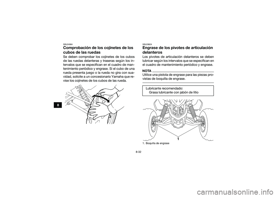 YAMAHA YFM90 2016 Manuale de Empleo (in Spanish) 8-32
8
SBU24964Comprobación de los cojinetes de los
cubos de las ruedasSe deben comprobar los cojinetes de los cubos
de las ruedas delanteras y traseras según los in-
tervalos que se especifican en YAMAHA YFM90 2016 Manuale de Empleo (in Spanish) 8-32
8
SBU24964Comprobación de los cojinetes de los
cubos de las ruedasSe deben comprobar los cojinetes de los cubos
de las ruedas delanteras y traseras según los in-
tervalos que se especifican en