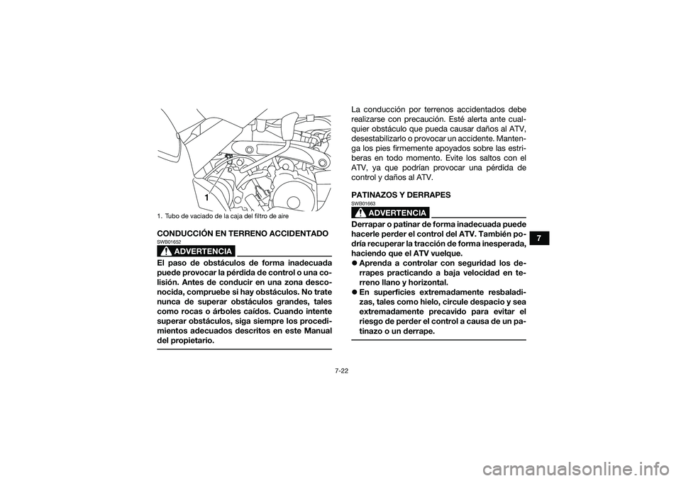 YAMAHA YFM90 2016 Manuale de Empleo (in Spanish) 7-22
7
CONDUCCIÓN EN TERRENO ACCIDENTADO
ADVERTENCIA
SWB01652El paso de obstáculos de forma inadecuada
puede provocar la pérdida de control o una co-
lisión. Antes de conducir en una zona desco-
n YAMAHA YFM90 2016 Manuale de Empleo (in Spanish) 7-22
7
CONDUCCIÓN EN TERRENO ACCIDENTADO
ADVERTENCIA
SWB01652El paso de obstáculos de forma inadecuada
puede provocar la pérdida de control o una co-
lisión. Antes de conducir en una zona desco-
n