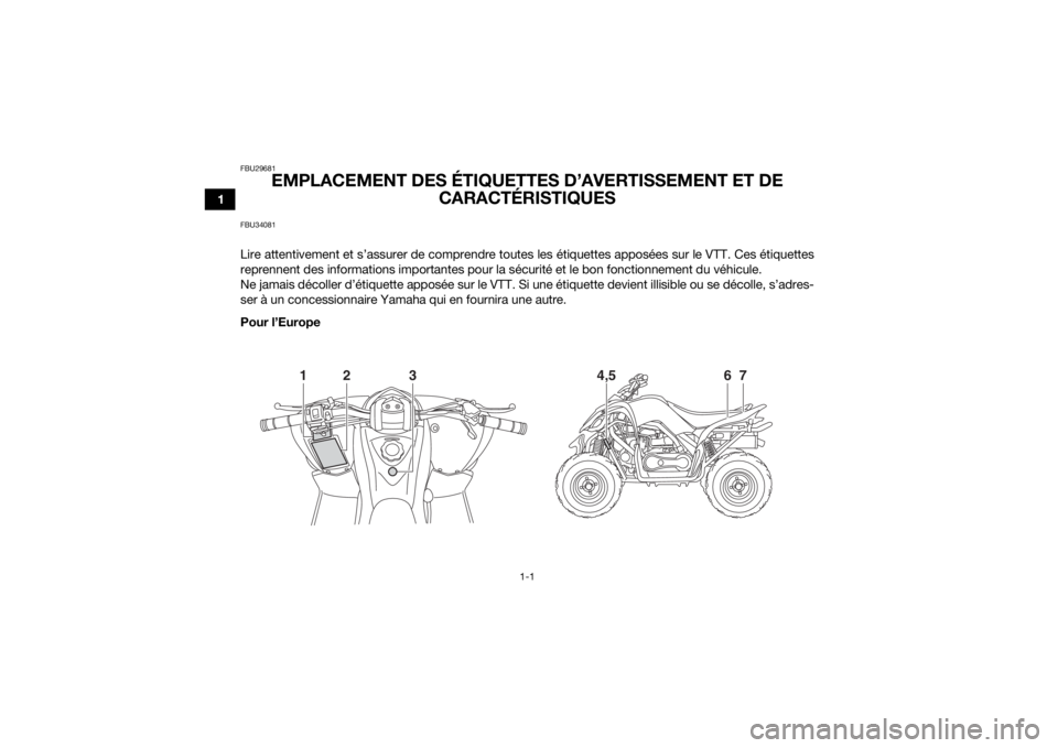 YAMAHA YFM90 2016 Notices Demploi (in French) 1-1
1
FBU29681
EMPLACEMENT DES ÉTIQUETTES D’AVERTISSEMENT ET DE CARACTÉRISTIQUES
FBU34081Lire attentivement et s’assurer de comprendre toutes les étiquettes apposées sur le VTT. Ces étiquette YAMAHA YFM90 2016 Notices Demploi (in French) 1-1
1
FBU29681
EMPLACEMENT DES ÉTIQUETTES D’AVERTISSEMENT ET DE CARACTÉRISTIQUES
FBU34081Lire attentivement et s’assurer de comprendre toutes les étiquettes apposées sur le VTT. Ces étiquette