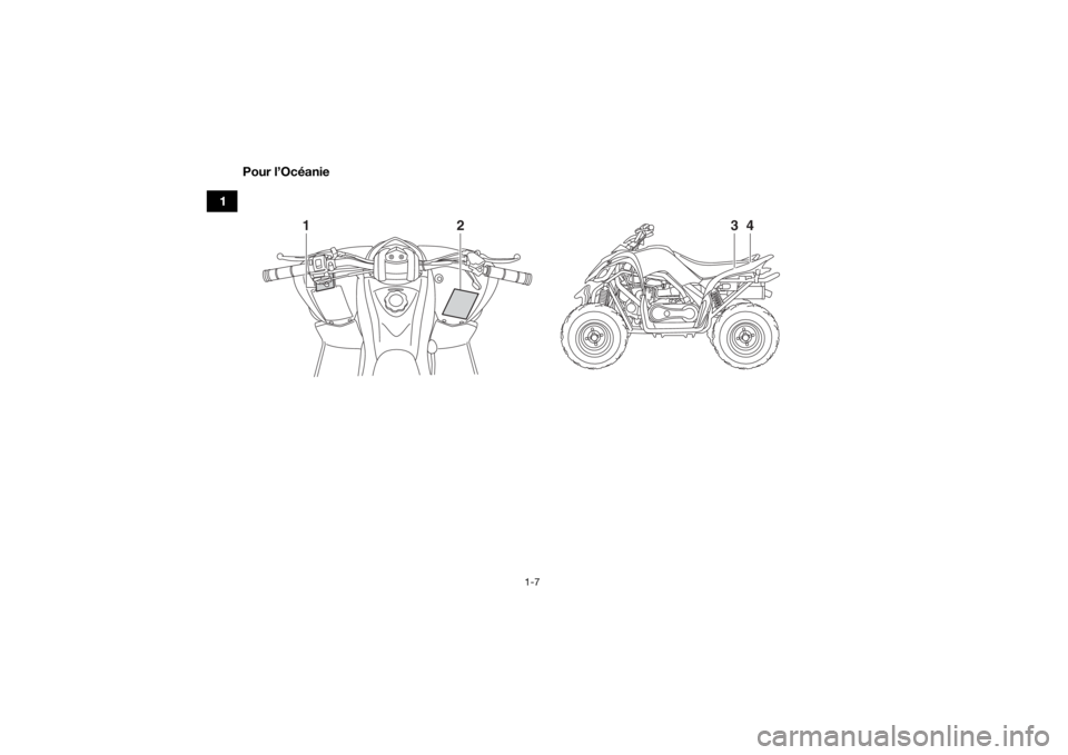 YAMAHA YFM90 2016 Notices Demploi (in French) 1-7
1Pour l’Océanie
2
1
3
4
UBD360F0.book Page 7 Thursday, February 26, 2015 10:24 AM YAMAHA YFM90 2016 Notices Demploi (in French) 1-7
1Pour l’Océanie
2
1
3
4
UBD360F0.book Page 7 Thursday, February 26, 2015 10:24 AM
