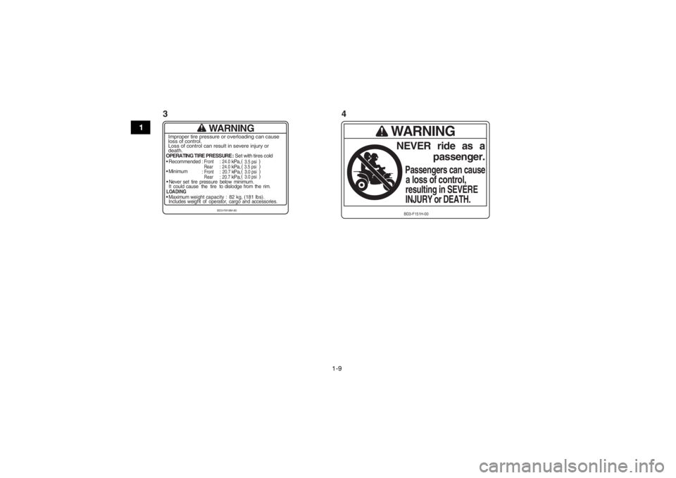 YAMAHA YFM90 2016 Notices Demploi (in French) 1-9
1
WARNING
OPERATING TIRE PRESSURE : Set with tires cold
Recommended
: Front
: 24.0
kPa,
Rear
: 24.0
kPa,
Minimum
: Front
: 20.7
kPa,
Rear
: 20.7
kPa,
Never set tire pressure below min YAMAHA YFM90 2016 Notices Demploi (in French) 1-9
1
WARNING
OPERATING TIRE PRESSURE : Set with tires cold
Recommended
: Front
: 24.0
kPa,
Rear
: 24.0
kPa,
Minimum
: Front
: 20.7
kPa,
Rear
: 20.7
kPa,
Never set tire pressure below min