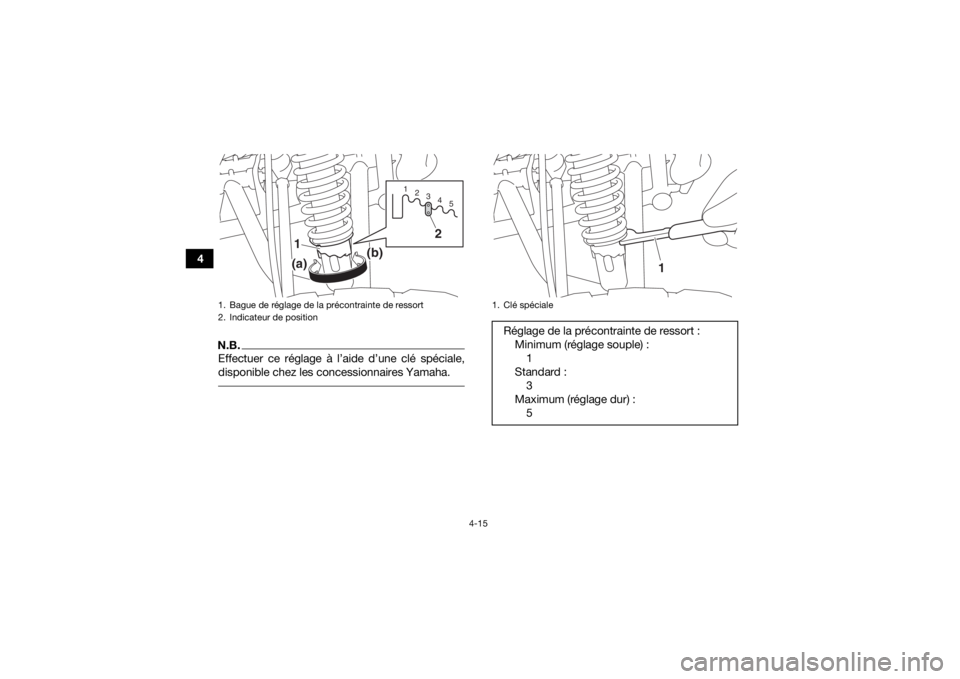 YAMAHA YFM90 2016 Notices Demploi (in French) 4-15
4
N.B.Effectuer ce réglage à l’aide d’une clé spéciale,
disponible chez les concessionnaires Yamaha. 1. Bague de réglage de la précontrainte de ressort
2. Indicateur de position
123 45
YAMAHA YFM90 2016 Notices Demploi (in French) 4-15
4
N.B.Effectuer ce réglage à l’aide d’une clé spéciale,
disponible chez les concessionnaires Yamaha. 1. Bague de réglage de la précontrainte de ressort
2. Indicateur de position
123 45