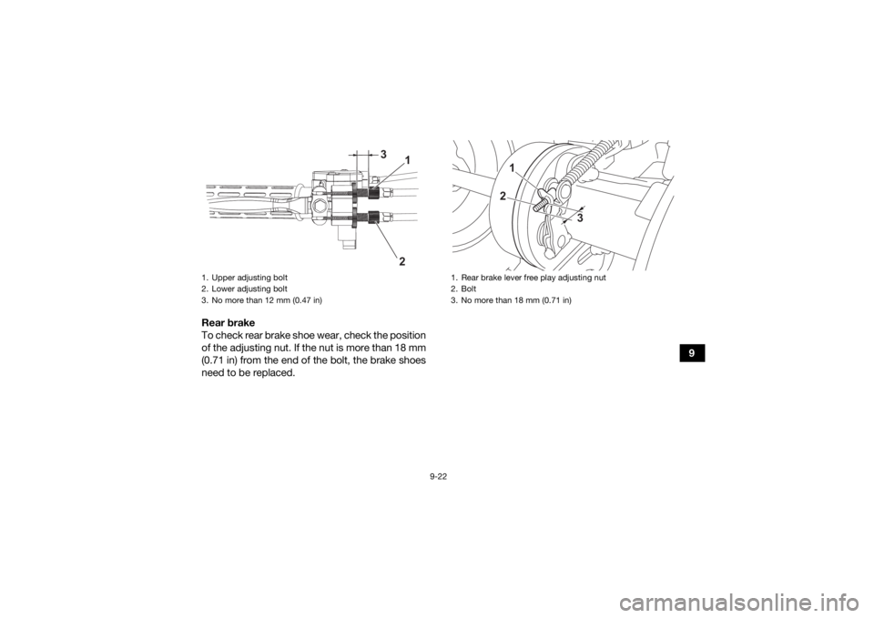 YAMAHA YFM90R 2022  Owners Manual 9-22
9
Rear brake
To check rear brake shoe wear, check the position
of the adjusting nut. If the nut is more than 18 mm
(0.71 in) from the end of the bolt, the brake shoes
need to be replaced.
1. Uppe