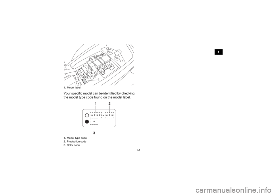 YAMAHA YFM90R 2022 User Guide 1-2
1
Your specific model can be identified by checking
the model type code found on the model label.
1. Model label
1. Model type code
2. Production code
3. Color code
1
*
****
-
***1
3
2
UBD366E0. YAMAHA YFM90R 2022 User Guide 1-2
1
Your specific model can be identified by checking
the model type code found on the model label.
1. Model label
1. Model type code
2. Production code
3. Color code
1
*
****
-
***1
3
2
UBD366E0.