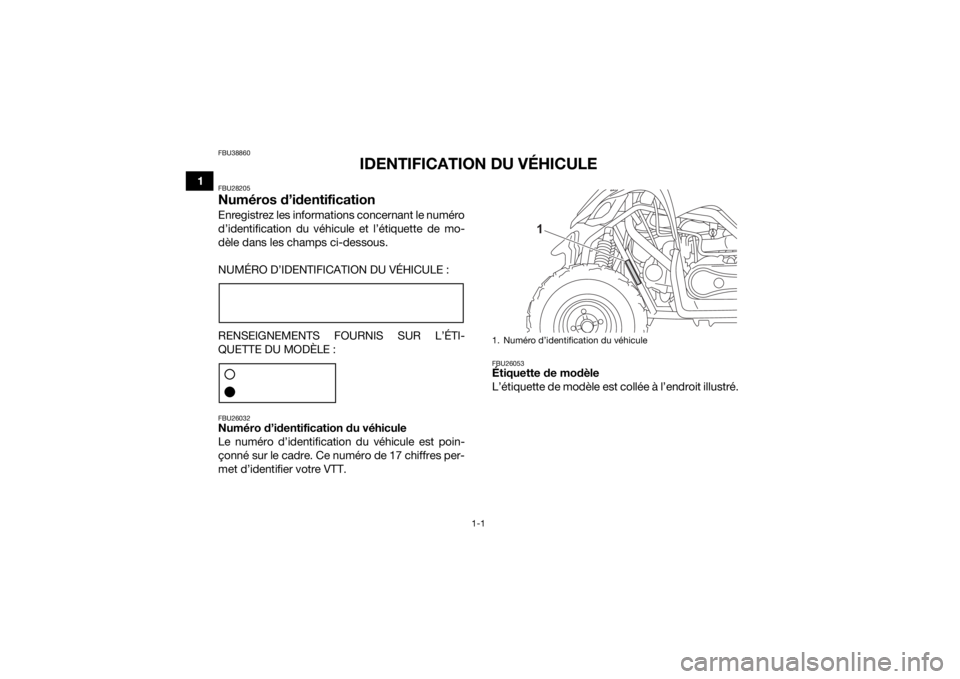 YAMAHA YFM90R 2021 Notices Demploi (in French) 1-1
1
FBU38860
IDENTIFICATION DU VÉHICULE
FBU28205Numéros d’identificationEnregistrez les informations concernant le numéro
d’identification du véhicule et l’étiquette de mo-
dèle dans les YAMAHA YFM90R 2021 Notices Demploi (in French) 1-1
1
FBU38860
IDENTIFICATION DU VÉHICULE
FBU28205Numéros d’identificationEnregistrez les informations concernant le numéro
d’identification du véhicule et l’étiquette de mo-
dèle dans les