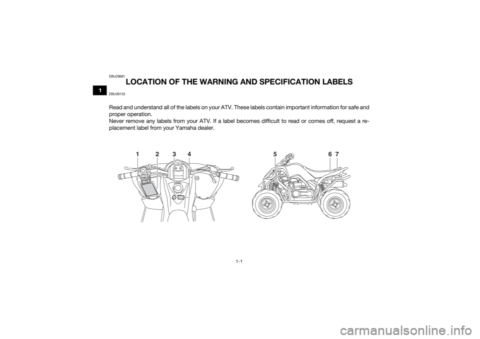 YAMAHA YFM90R 2020 User Guide 1-1
1
EBU29681
LOCATION OF THE WARNING AND SPECIFICATION LABELS
EBU36153Read and understand all of the labels on your ATV. These labels contain important information for safe and
proper operation.
Nev