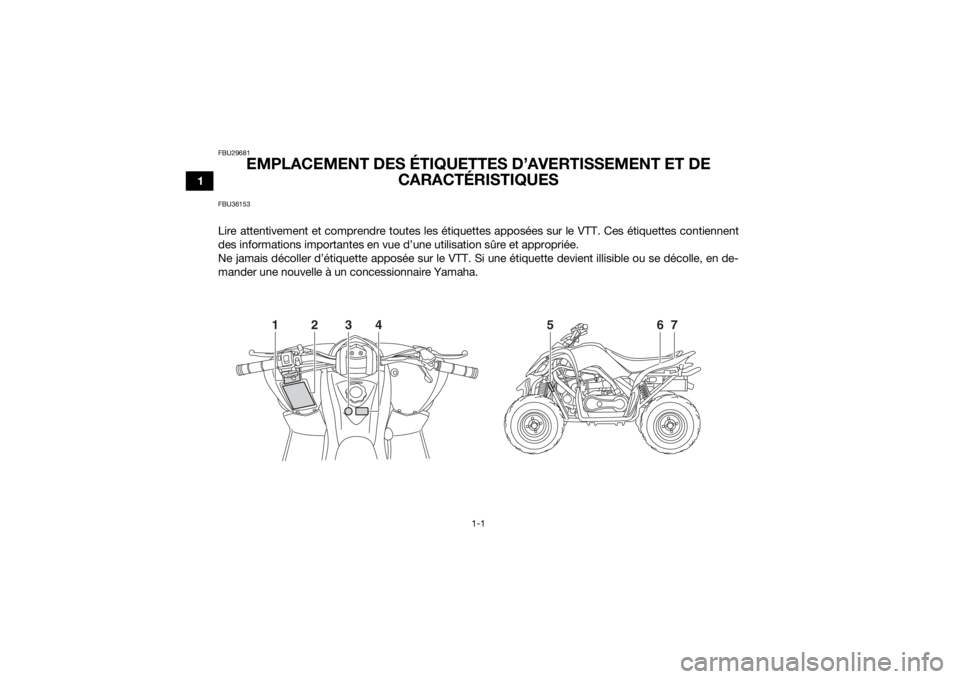 YAMAHA YFM90R 2020 Notices Demploi (in French) 1-1
1
FBU29681
EMPLACEMENT DES ÉTIQUETTES D’AVERTISSEMENT ET DE CARACTÉRISTIQUES
FBU36153Lire attentivement et comprendre toutes les étiquettes apposées sur le VTT. Ces étiquettes contiennent
d YAMAHA YFM90R 2020 Notices Demploi (in French) 1-1
1
FBU29681
EMPLACEMENT DES ÉTIQUETTES D’AVERTISSEMENT ET DE CARACTÉRISTIQUES
FBU36153Lire attentivement et comprendre toutes les étiquettes apposées sur le VTT. Ces étiquettes contiennent
d
