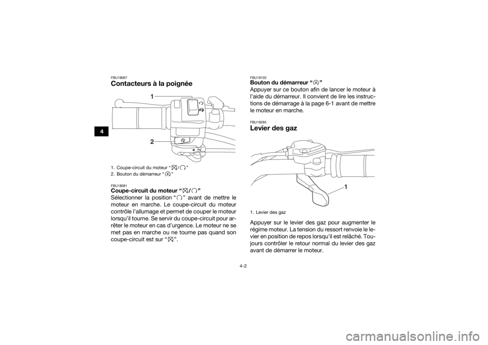 YAMAHA YFM90R 2020  Notices Demploi (in French) 4-2
4
FBU18067Contacteurs à la poignéeFBU18081Coupe-circuit du moteur “ / ”
Sélectionner la position “ ” avant de mettre le
moteur en marche. Le coupe-circuit du moteur
contrôle l’alluma