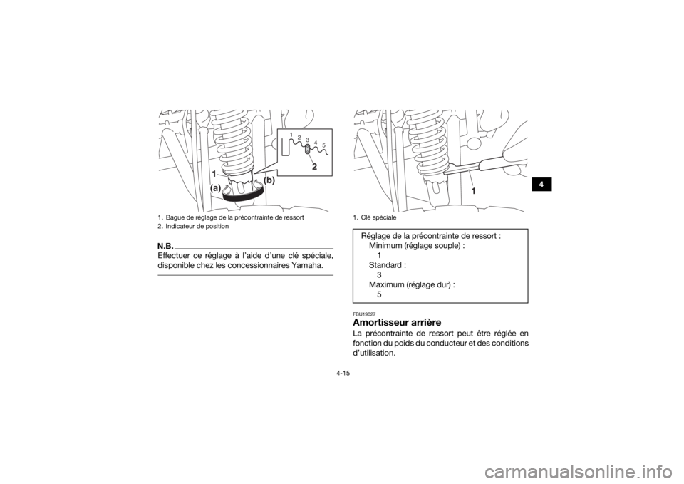 YAMAHA YFM90R 2020 Notices Demploi (in French) 4-15
4
N.B.Effectuer ce réglage à l’aide d’une clé spéciale,
disponible chez les concessionnaires Yamaha.
FBU19027Amortisseur arrièreLa précontrainte de ressort peut être réglée en
fonct YAMAHA YFM90R 2020 Notices Demploi (in French) 4-15
4
N.B.Effectuer ce réglage à l’aide d’une clé spéciale,
disponible chez les concessionnaires Yamaha.
FBU19027Amortisseur arrièreLa précontrainte de ressort peut être réglée en
fonct