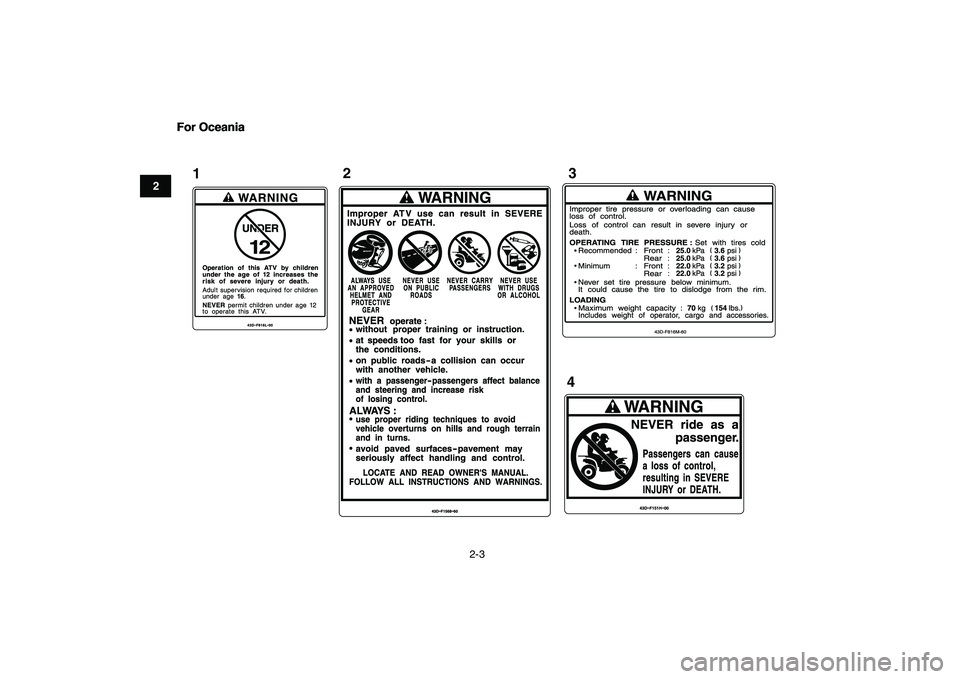 YAMAHA YFM90R 2009 User Guide For Oceania
2-3
2
For Oceania
13
2
4
I
I
I
I
I 