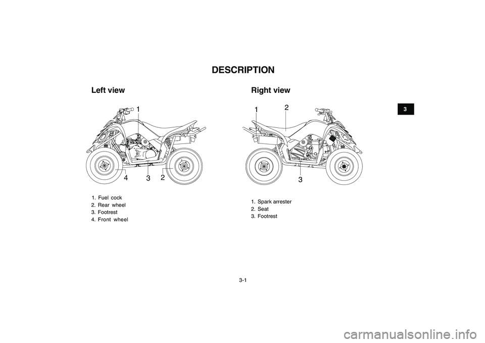 YAMAHA YFM90R 2009 User Guide 3-1
3
               
DESCRIPTION
Left viewRight view1. Fuel  cock
2. Rear  wheel
3. Footrest 4. Front  wheel 1.  Spark arrester
2.  Seat
3. Footrest
1
4 32
1
2
3 