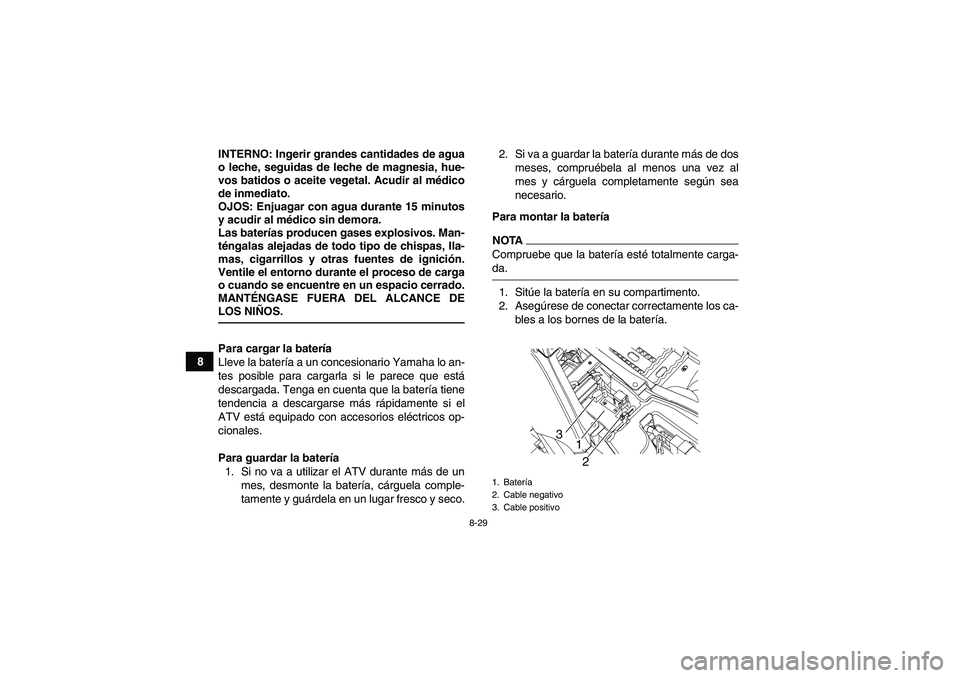 YAMAHA YFM90R 2009 Manuale de Empleo (in Spanish) 8-29
8INTERNO: Ingerir grandes cantidades de agua
o leche, seguidas de leche de magnesia, hue-
vos batidos o aceite vegetal. Acudir al médico
de inmediato.
OJOS: Enjuagar con agua durante 15 minutos
YAMAHA YFM90R 2009 Manuale de Empleo (in Spanish) 8-29
8INTERNO: Ingerir grandes cantidades de agua
o leche, seguidas de leche de magnesia, hue-
vos batidos o aceite vegetal. Acudir al médico
de inmediato.
OJOS: Enjuagar con agua durante 15 minutos