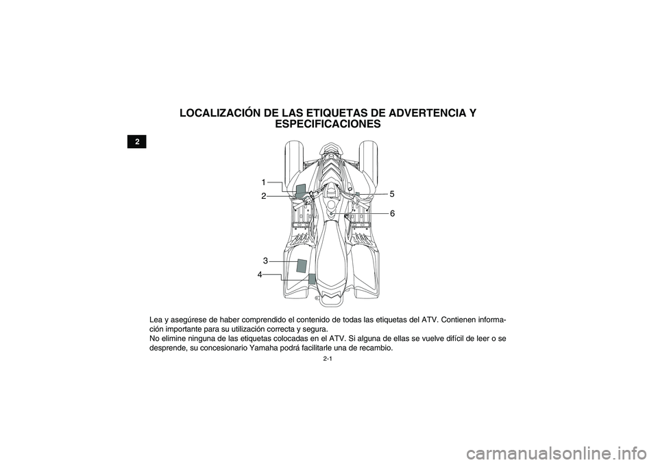 YAMAHA YFM90R 2009  Manuale de Empleo (in Spanish) 2-1
2
 
LOCALIZACIÓN DE LAS ETIQUETAS DE ADVERTENCIA Y 
ESPECIFICACIONES
 Lea y aseg úrese de haber comprendido el contenido de todas las etiquetas del ATV. Contienen informa-
ci ón importante para