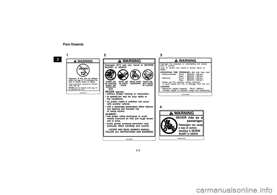 YAMAHA YFM90R 2009  Manuale de Empleo (in Spanish) 2-3
2Para Oceanía
13 2
4
I
I
I I
I
U43D60S0.book  Page 3  Thursday, May 29, 2008  10:30 PM 