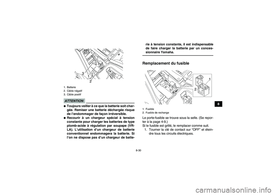 YAMAHA YFM90R 2009  Notices Demploi (in French) 8-30
8
ATTENTIONToujours veiller à ce que la batterie soit char-
g ée. Remiser une batterie d écharg ée risque
de l ’endommager de fa çon irr éversible.Recourir  à un chargeur spé cial à 