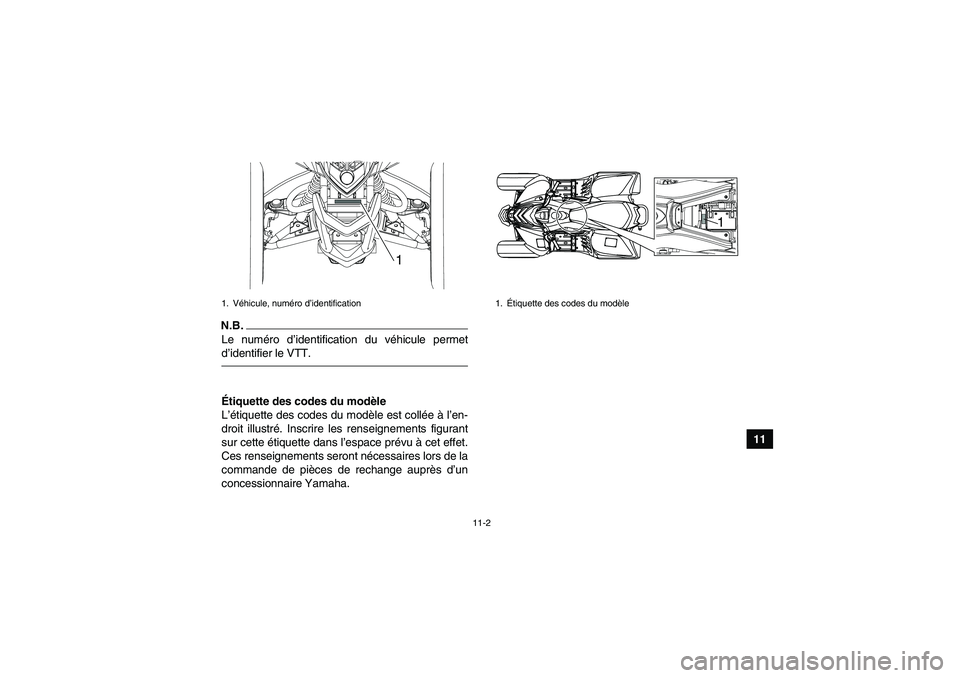 YAMAHA YFM90R 2009 Notices Demploi (in French) 11-2
11
N.B.Le numéro d ’identification du v éhicule permet
d ’identifier le VTT. É tiquette des codes du mod èle
L ’é tiquette des codes du mod èle est coll ée à l’en-
dro YAMAHA YFM90R 2009 Notices Demploi (in French) 11-2
11
N.B.Le numéro d ’identification du v éhicule permet
d ’identifier le VTT. É tiquette des codes du mod èle
L ’é tiquette des codes du mod èle est coll ée à l’en-
dro