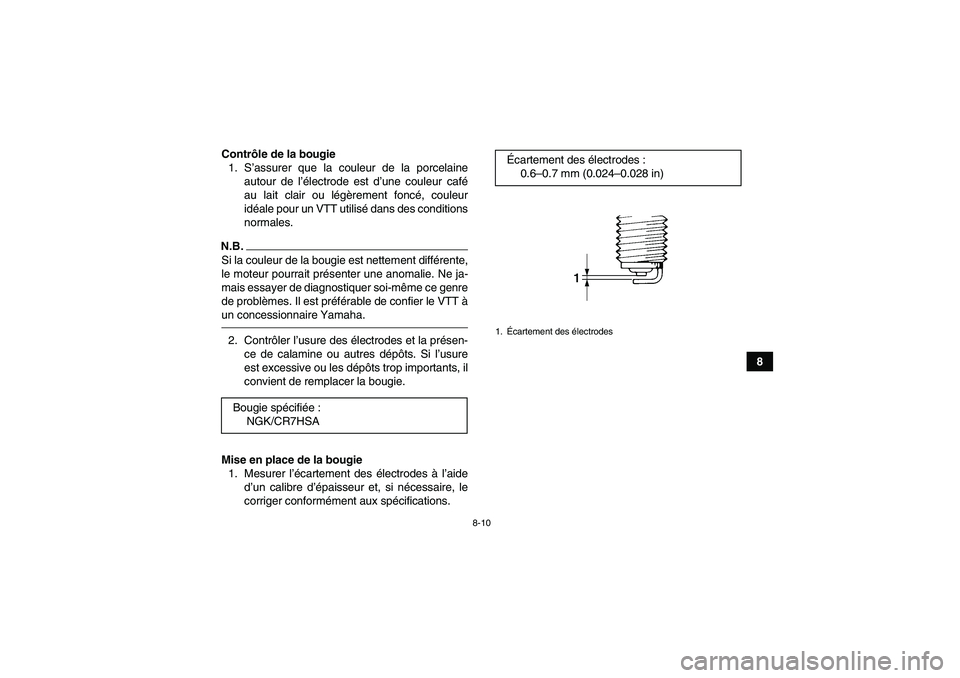YAMAHA YFM90R 2009 Notices Demploi (in French) 8-10
8
Contr
ôle de la bougie
1. S ’assurer que la couleur de la porcelaine
autour de l ’électrode est d’ une couleur caf é
au lait clair ou l ég èrement fonc é, couleur
id éale pour un V YAMAHA YFM90R 2009 Notices Demploi (in French) 8-10
8
Contr
ôle de la bougie
1. S ’assurer que la couleur de la porcelaine
autour de l ’électrode est d’ une couleur caf é
au lait clair ou l ég èrement fonc é, couleur
id éale pour un V