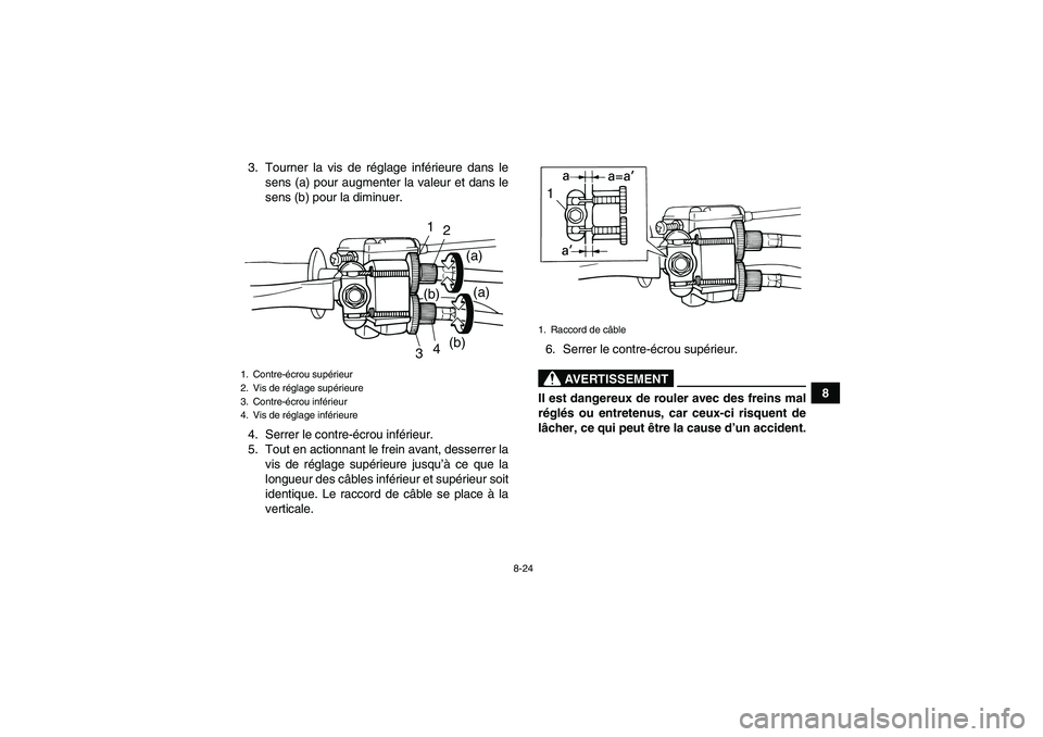 YAMAHA YFM90R 2009  Notices Demploi (in French) 8-24
8
3. Tourner la vis de r
églage infé rieure dans le
sens (a) pour augmenter la valeur et dans le
sens (b) pour la diminuer.
4. Serrer le contre- écrou inf érieur.
5. Tout en actionnant le fre