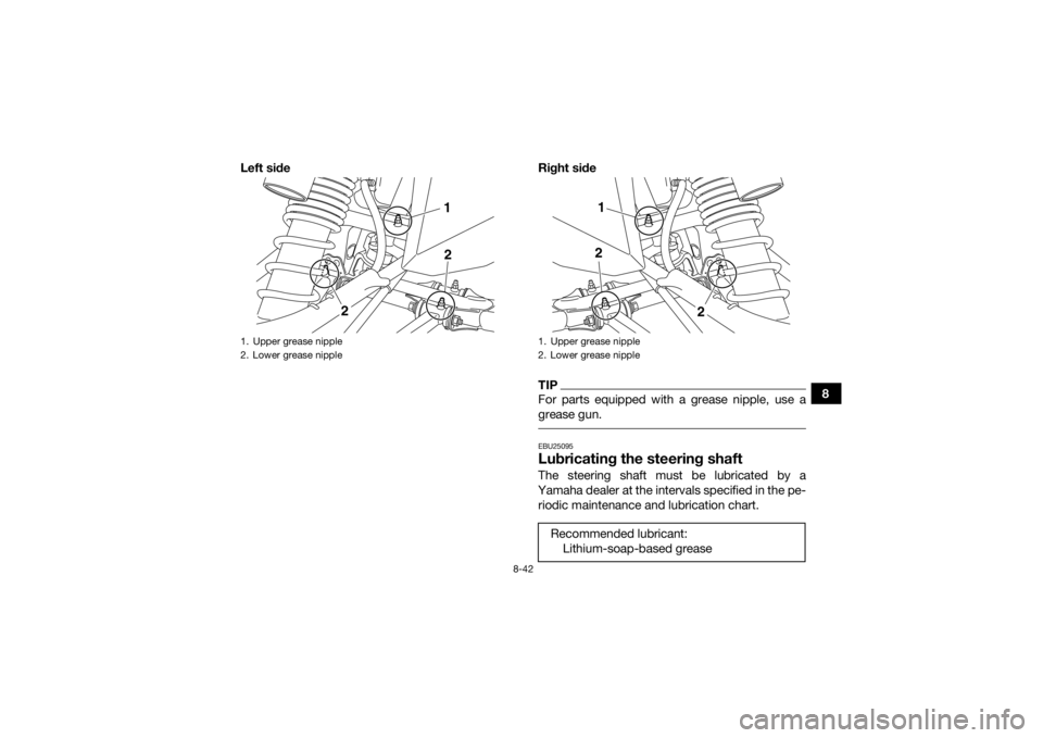 YAMAHA YFZ450 2019 Owners Manual 8-42
8
Left side Right side
TIPFor parts equipped with a grease nipple, use a
grease gun. EBU25095Lubricating the steering shaftThe steering shaft must be lubricated by a
Yamaha dealer at the interval YAMAHA YFZ450 2019 Owners Manual 8-42
8
Left side Right side
TIPFor parts equipped with a grease nipple, use a
grease gun. EBU25095Lubricating the steering shaftThe steering shaft must be lubricated by a
Yamaha dealer at the interval