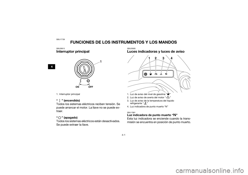 YAMAHA YFZ450 2019 Manuale de Empleo (in Spanish) 4-1
4
SBU17739
FUNCIONES DE LOS INSTRUMENTOS Y LOS MANDOS
SBU29913Interruptor principal“ ” (encendido)
Todos los sistemas eléctricos reciben tensión. Se
puede arrancar el motor. La llave no se p YAMAHA YFZ450 2019 Manuale de Empleo (in Spanish) 4-1
4
SBU17739
FUNCIONES DE LOS INSTRUMENTOS Y LOS MANDOS
SBU29913Interruptor principal“ ” (encendido)
Todos los sistemas eléctricos reciben tensión. Se
puede arrancar el motor. La llave no se p