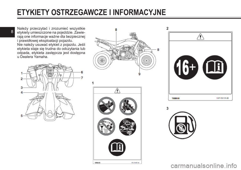 YAMAHA YFZ450 2017  Instrukcja obsługi (in Polish) 8Należy  przeczytać  i zrozumieć  wszystkie etykiety umieszczone na pojeździe. Zawie-rają one informacje ważne dla bezpiecznej i prawidłowej eksploatacji pojazdu. Nie należy usuwać etykiet z 