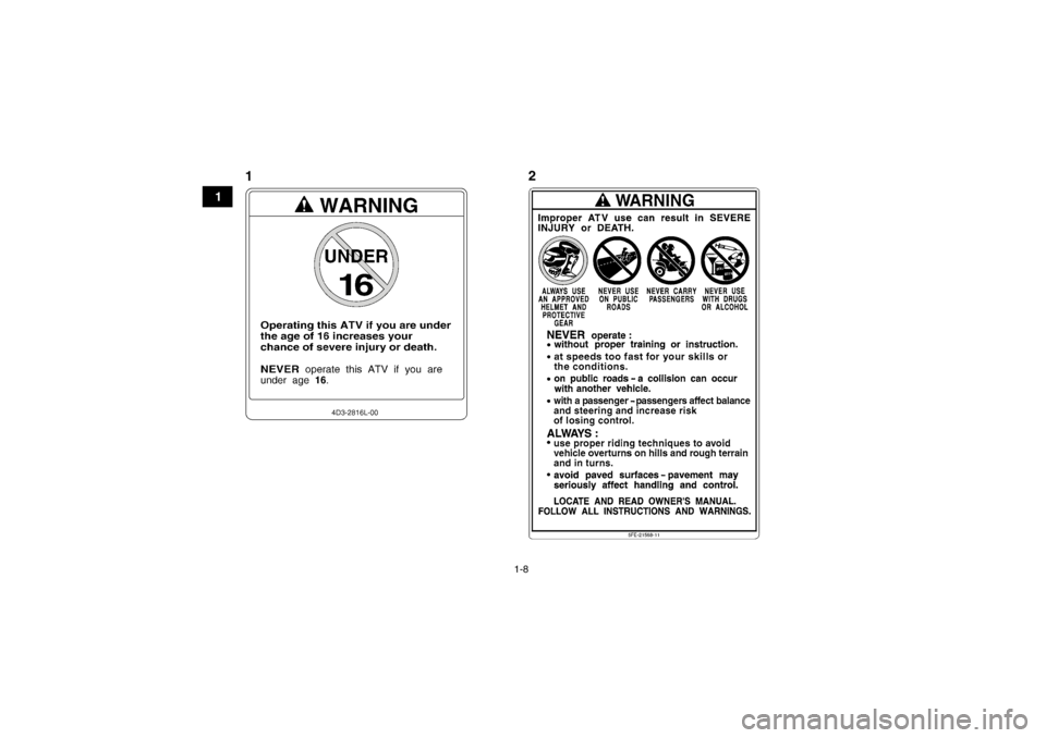 YAMAHA YFZ450 2013  Notices Demploi (in French) 1-8
1
12
U1PD61F0.book  Page 8  Tuesday, February 14, 2012  1:07 PM 