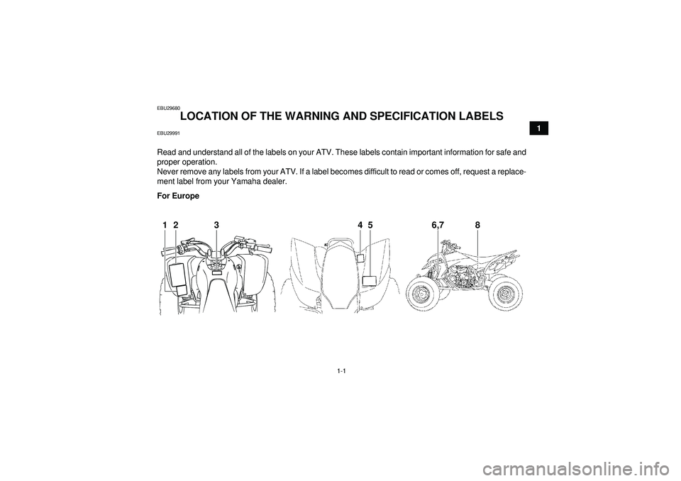 YAMAHA YFZ450 2012 User Guide 1-1
1
EBU29680
LOCATION OF THE WARNING AND SPECIFICATION LABELS
EBU29991Read and understand all of the labels on your ATV. These labels contain important information for safe and
proper operation.
Ne YAMAHA YFZ450 2012 User Guide 1-1
1
EBU29680
LOCATION OF THE WARNING AND SPECIFICATION LABELS
EBU29991Read and understand all of the labels on your ATV. These labels contain important information for safe and
proper operation.
Ne