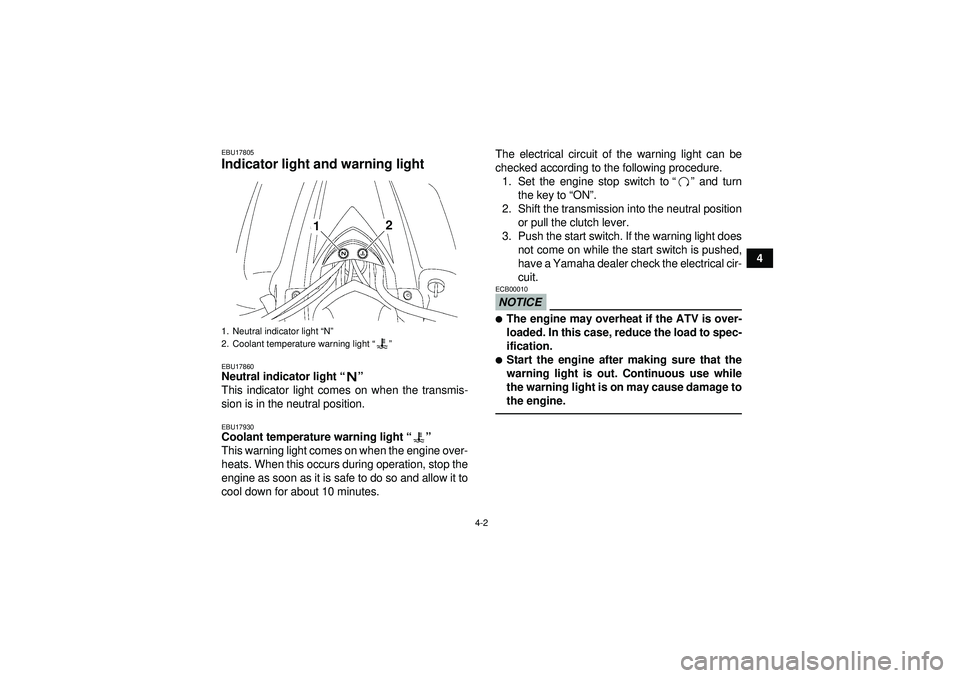 YAMAHA YFZ450 2012 Owners Manual 4-2
4
EBU17805Indicator light and warning light EBU17860Neutral indicator light“” 
This indicator light comes on when the transmis-
sion is in the neutral position.EBU17930Coolant temperature warn