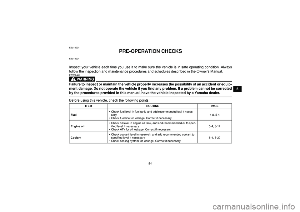 YAMAHA YFZ450 2012 Service Manual 5-1
5
EBU19201
PRE-OPERATION CHECKS
EBU19224Inspect your vehicle each time you use it to make sure the vehicle is in safe operating condition. Always
follow the inspection and maintenance procedures a