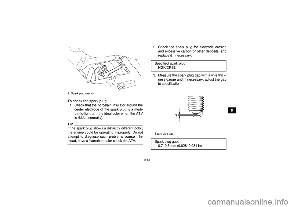 YAMAHA YFZ450 2012  Owners Manual 8-13
8
To check the spark plug
1. Check that the porcelain insulator around the center electrode of the spark plug is a medi-
um-to-light tan (the ideal color when the ATV
is ridden normally).
TIPIf t