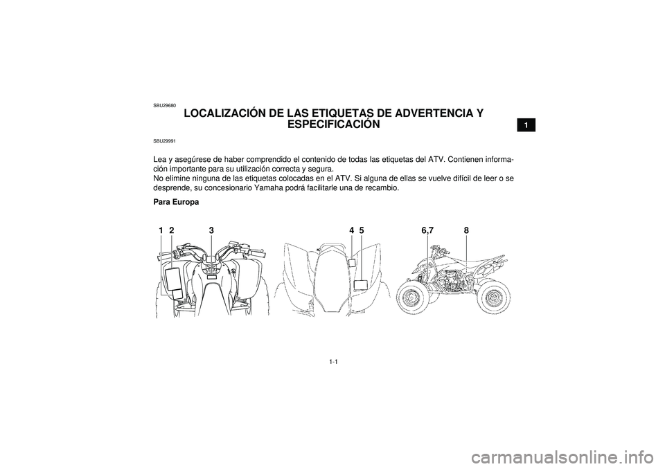 YAMAHA YFZ450 2012  Manuale de Empleo (in Spanish) 1-1
1
SBU29680
LOCALIZACIÓN DE LAS ETIQUETAS DE ADVERTENCIA Y 
ESPECIFICACI ÓN 
SBU29991Lea y aseg úrese de haber comprendido el contenido de todas las etiquetas del ATV. Contienen informa-
ci ón 