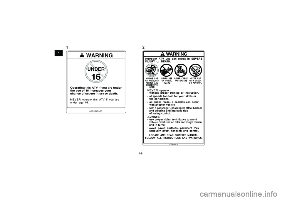 YAMAHA YFZ450 2012  Manuale de Empleo (in Spanish) 1-8
1
12
U1PD60S0.book  Page 8  Thursday, June 16, 2011  9:47 AM 