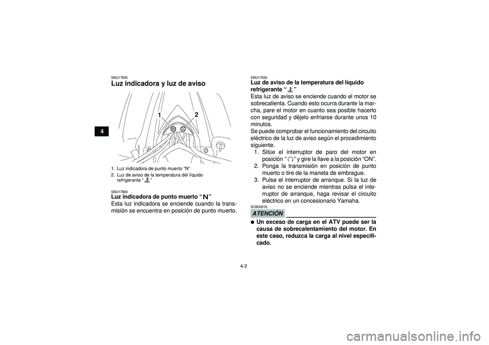 YAMAHA YFZ450 2012  Manuale de Empleo (in Spanish) 4-2
4
SBU17805Luz indicadora y luz de aviso SBU17860Luz indicadora de punto muerto“” 
Esta luz indicadora se enciende cuando la trans-
misi ón se encuentra en posici ón de punto muerto.
SBU17930