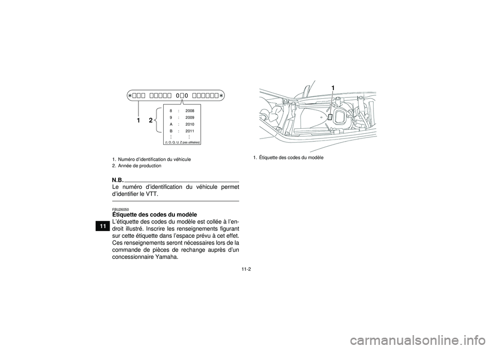 YAMAHA YFZ450 2012 Notices Demploi (in French) 11-2
11
N.B.Le numéro d’identification du v éhicule permet
d ’identifier le VTT.FBU26050É tiquette des codes du mod èle
L ’é tiquette des codes du mod èle est coll ée à l’en-
droit i YAMAHA YFZ450 2012 Notices Demploi (in French) 11-2
11
N.B.Le numéro d’identification du v éhicule permet
d ’identifier le VTT.FBU26050É tiquette des codes du mod èle
L ’é tiquette des codes du mod èle est coll ée à l’en-
droit i