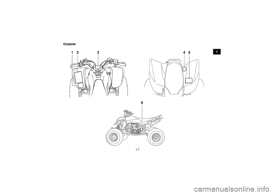 YAMAHA YFZ450 2012  Notices Demploi (in French) 1-7
1
Oc
éanie
3
12 45
6
U1PD60F0.book  Page 7  Thursday, June 16, 2011  9:37 AM 