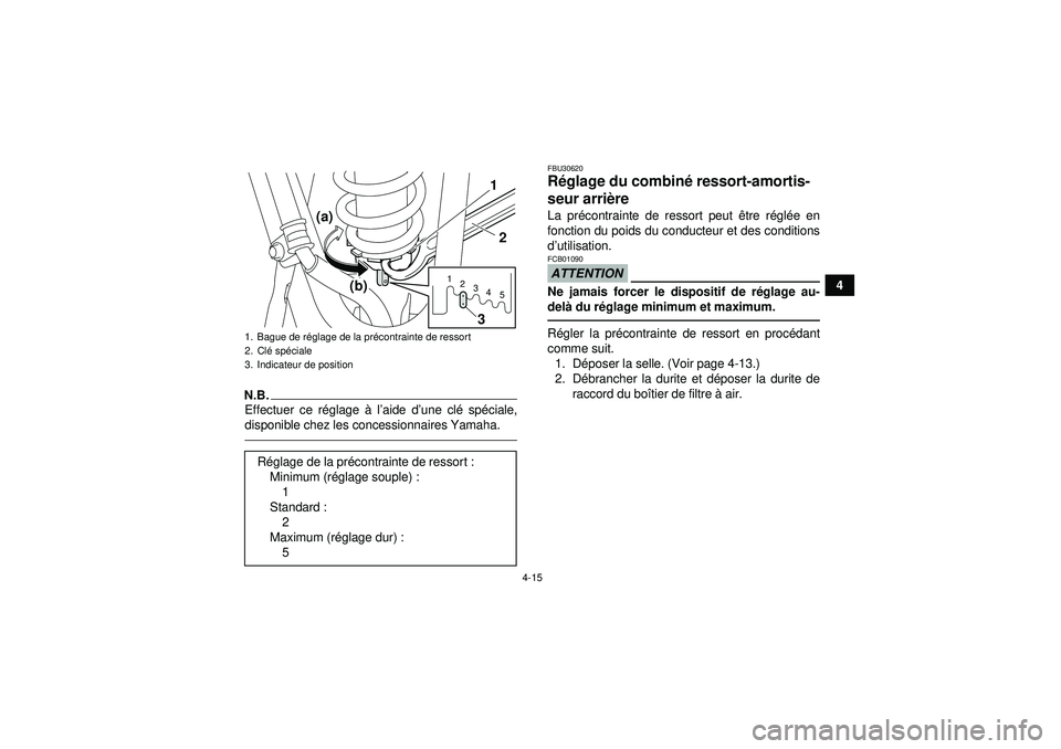 YAMAHA YFZ450 2012  Notices Demploi (in French) 4-15
4
N.B.Effectuer ce réglage  à l ’aide d’ une clé sp éciale,
disponible chez les concessionnaires Yamaha.
FBU30620R églage du combin é ressort-amortis-
seur arri ère La pr écontrainte 