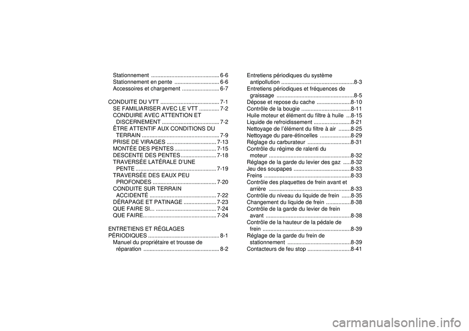 YAMAHA YFZ450 2012  Notices Demploi (in French) Stationnement ............................................ 6-6
Stationnement en pente  ............................. 6-6
Accessoires et chargement  ........................ 6-7
CONDUITE DU VTT .......