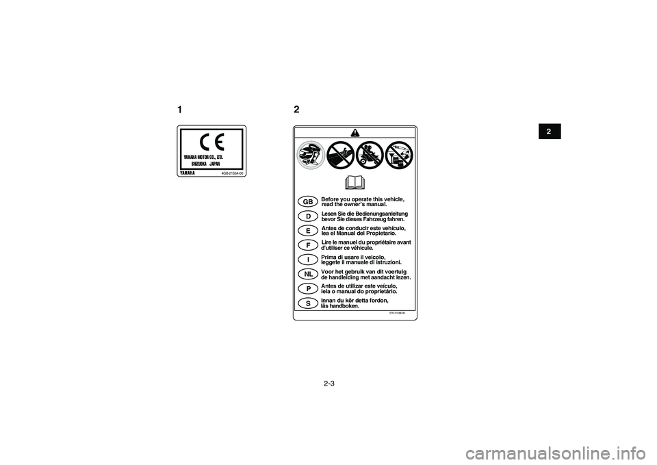 YAMAHA YFZ450 2009 User Guide  
2-3 
12
3
4
5
6
7
8
9
10
11
YAMAHA MOTOR CO., LTD.
SHIZUOKA   JAPANp
4GB-2155A-00
GB
D
E
F
I
NL
P
S
Before you operate this vehicle,
read the owner’s manual.Lesen Sie die Bedienungsanleitung
bevor