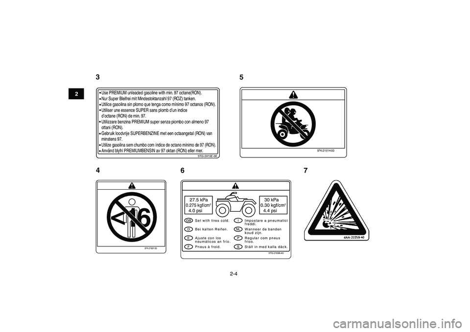 YAMAHA YFZ450 2009 User Guide  
2-4 
12
3
4
5
6
7
8
9
10
11
3Use PREMIUM unleaded gasoline with min. 97 octane(RON).
Nur Super Bleifrei mit Mindestoktanzahl 97 (ROZ) tanken.
Utilice gasolina sin plomo que tenga como mínimo 97 oct