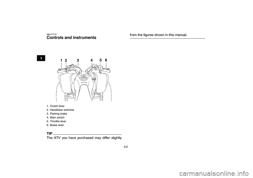 YAMAHA YFZ450 2009 User Guide  
3-2 
1
23
4
5
6
7
8
9
10
11
 
EBU17712 
Controls and instruments
TIP
 
The ATV you have purchased may differ slightly 
from the figures shown in this manual. 
1. Clutch lever
2. Handlebar switches
3
